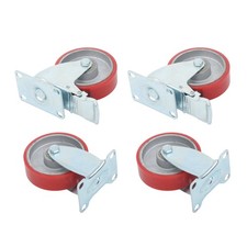 Four 4-inch red polyurethane galvanized casters (two with brakes, two without)