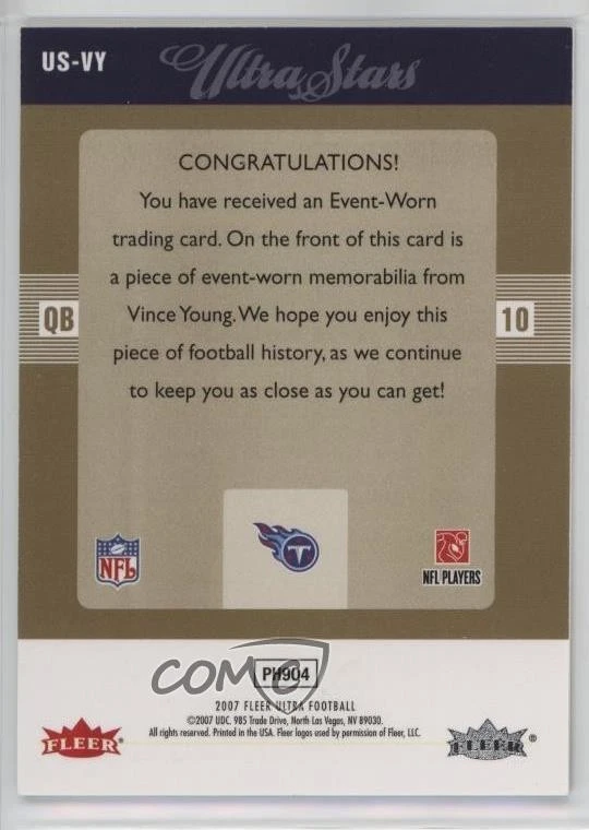 2007 Fleer Ultra Ultra Stars Memorabilia Vince Young #US-VY - Image 2 of 2
