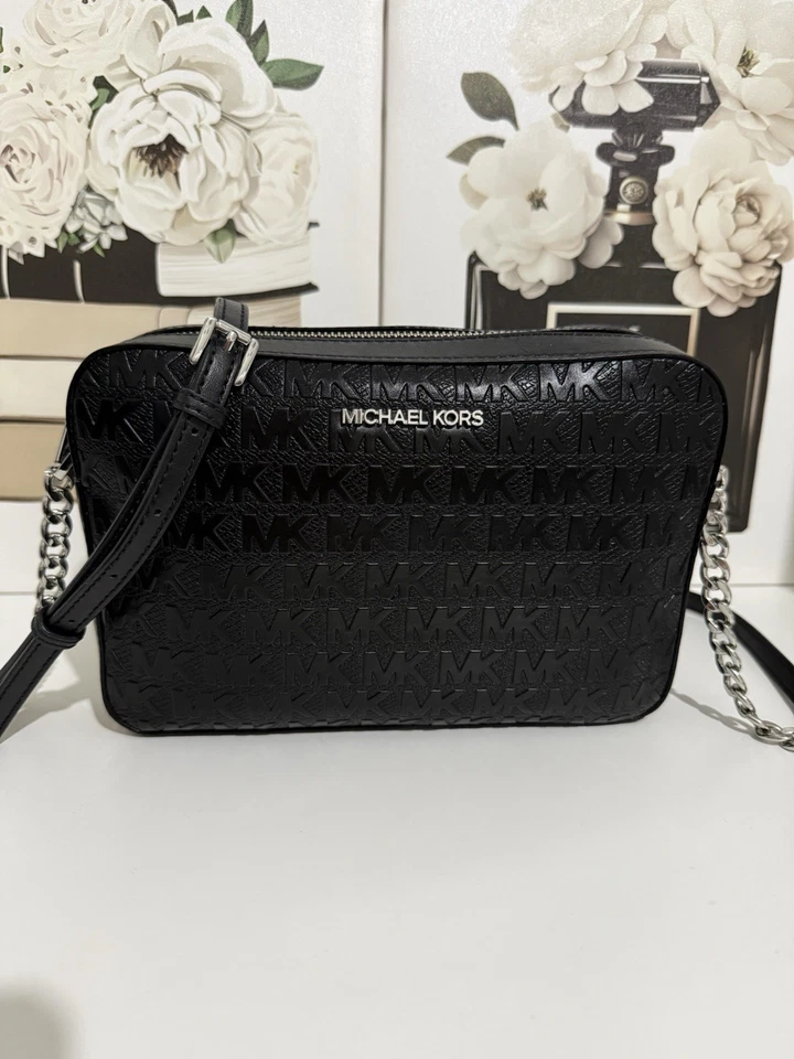 Women’s Michael Kors Black Leather MK Monogram  Crossbody Bag Silver Chain Strap, photo 4 of 5