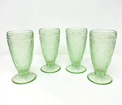 4 Indiana Glass Tiara Exclusive Chantilly Green Footed Iced Tea Tumblers