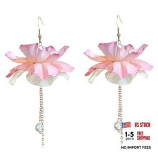 Handmade Boho Chic Fabric Tassel Flower Dangle Drop Earrings Unique Pink 1