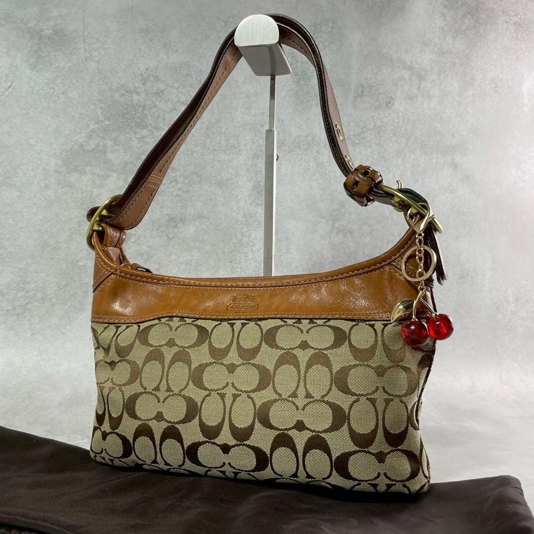 COACH Signature 2way Shoulder Bag Leather Canvas Beige Authentic Genuine