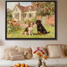 Beagle Rottweiler Oil Painting Canvas Print Rustic Dog Art for Living Room Decor