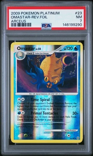 2009 POKEMON PLATINUM ARCEUS #23 OMASTAR-REVERSE FOIL PSA 7