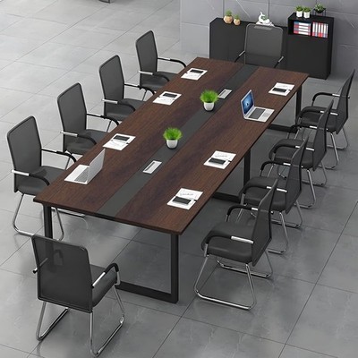 Konferenztisch 240x60cm dunkel Nussbaum/schwarz mit Kabelanschlüssen & verstellbaren Füßen