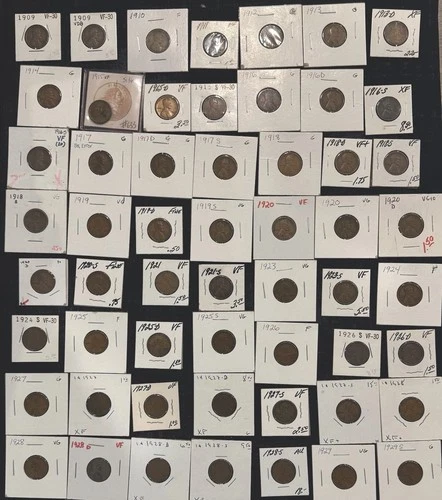 1909–1929 Lincoln Wheat Cent Lot (57 Coins) - Good to XF - See Photos