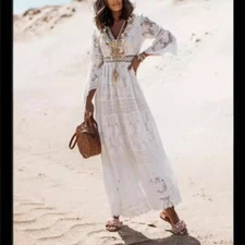 Women's Bohemian long skirt lace V-neck flared sleeve dress beach vest skirt-