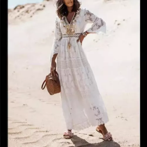 Women's Boho Maxi Lace V Neck Flare Sleeve Dress Summer Party Beach Sundress - Foto 5 di 8