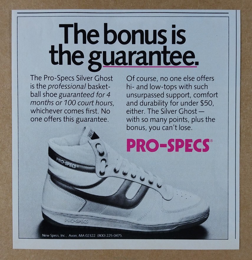 1984 Pro-Specs Silver Ghost Basketball Shoe vintage print Ad