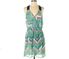 Adelyn Rae NWOT S Chiffon Green Pink Aztec Faux Wrap Front Sleeveless Dress 