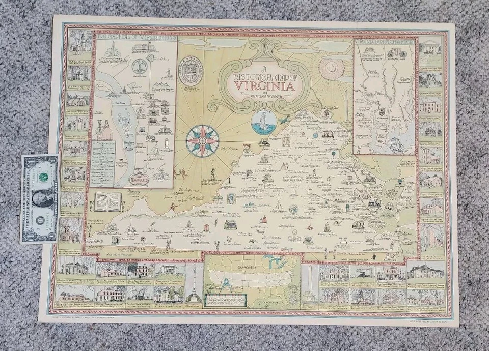 Mapa histórico pictórico vintage original 1930 VIRGINIA ¡Charles W Smith! 21 X 25 Foto 2 de 4