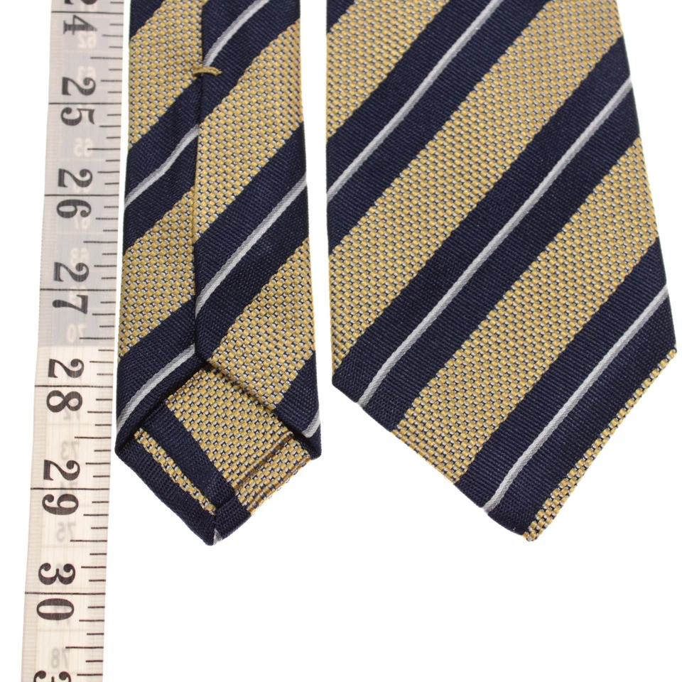 Kiton 全新无标签 100% 真丝七折领带黄色/海军蓝混色带海军蓝条纹 — 第 4/4 张图片