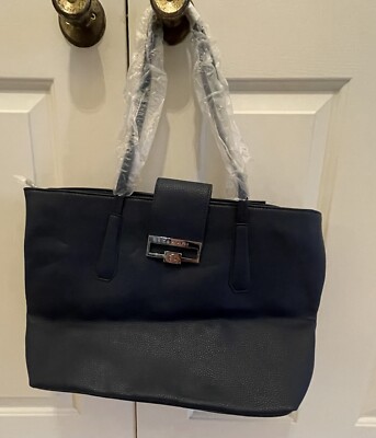NWT TAHARI Gambler Navy Blue Pebble Faux Leather 3 Pockets   Large Tote Bag
