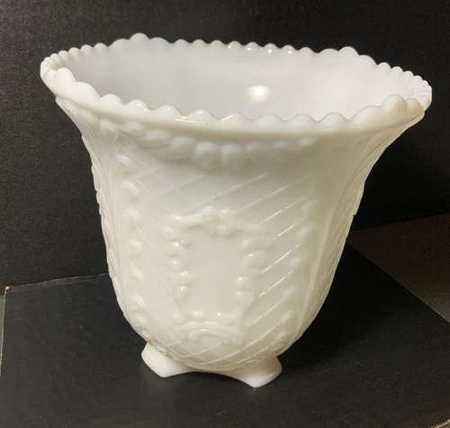 Napco Milk Glass Flower Vase or Planter w/ Classical Design & Scalloped Edge Vtg