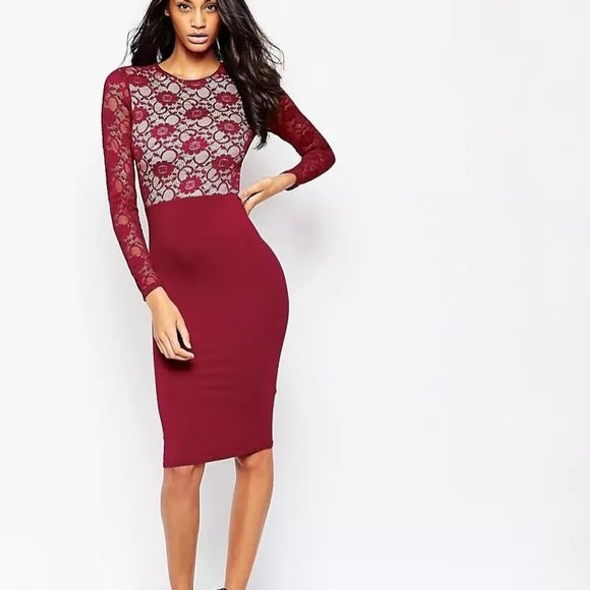 ASOS Lace Top Midi Pencil Dress: Burgundy Floral Lace stunning Dress- size  2