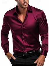 Camisa Roja de Hombre Elegantes Seda Formales Casuales Para Caballeros Hombres