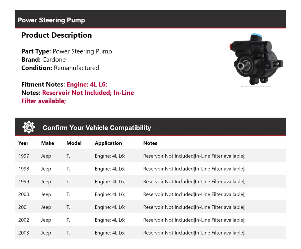 Bomba de direção hidráulica Cardone 1998 1999 2000 2001 2002 para 1997-2003 Jeep TJ 4L L6 - Imagem 2 de 4