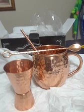 New Shoko Handcrafted Moscow Mule Mugs 2pc 100% Copper w/Jigger Stirrer & Straws