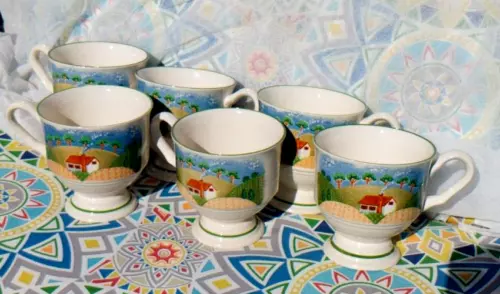 Set of 6 Sangostone Footed Cups Country Cottage #3645 Korea Coffee Tea Beautiful