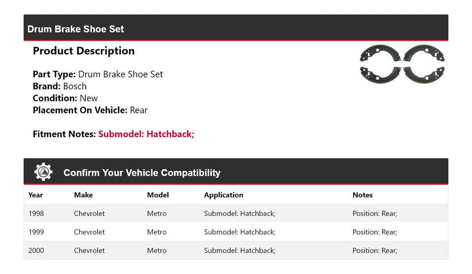 For 1998-2000 Chevrolet Metro Hatchback Bosch Drum Brake Shoe Set Rear 1999 — 第 2/3 张图片