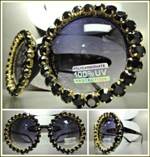 CLASSIC VINTAGE RETRO Style SUN GLASSES Round Black Frame Huge Bling Crystals