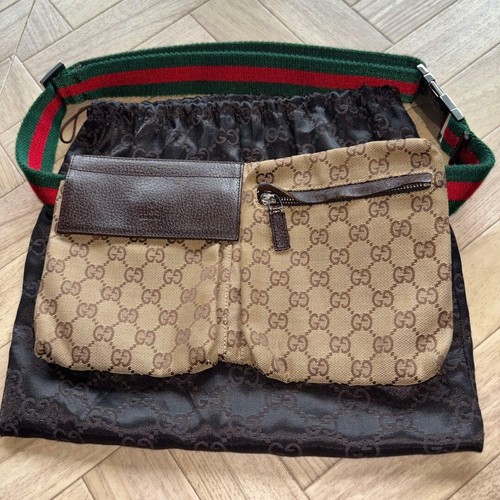 GUCCI GG Canvas Web Stripe Waist Bag 28566 Beige Brown From Japan