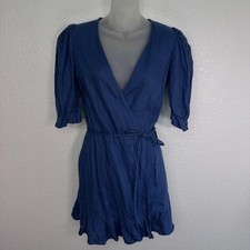 Reformation Carmelo Dress Womens Medium Linen Wrap Puff Sleeve Mini Blue Coastal