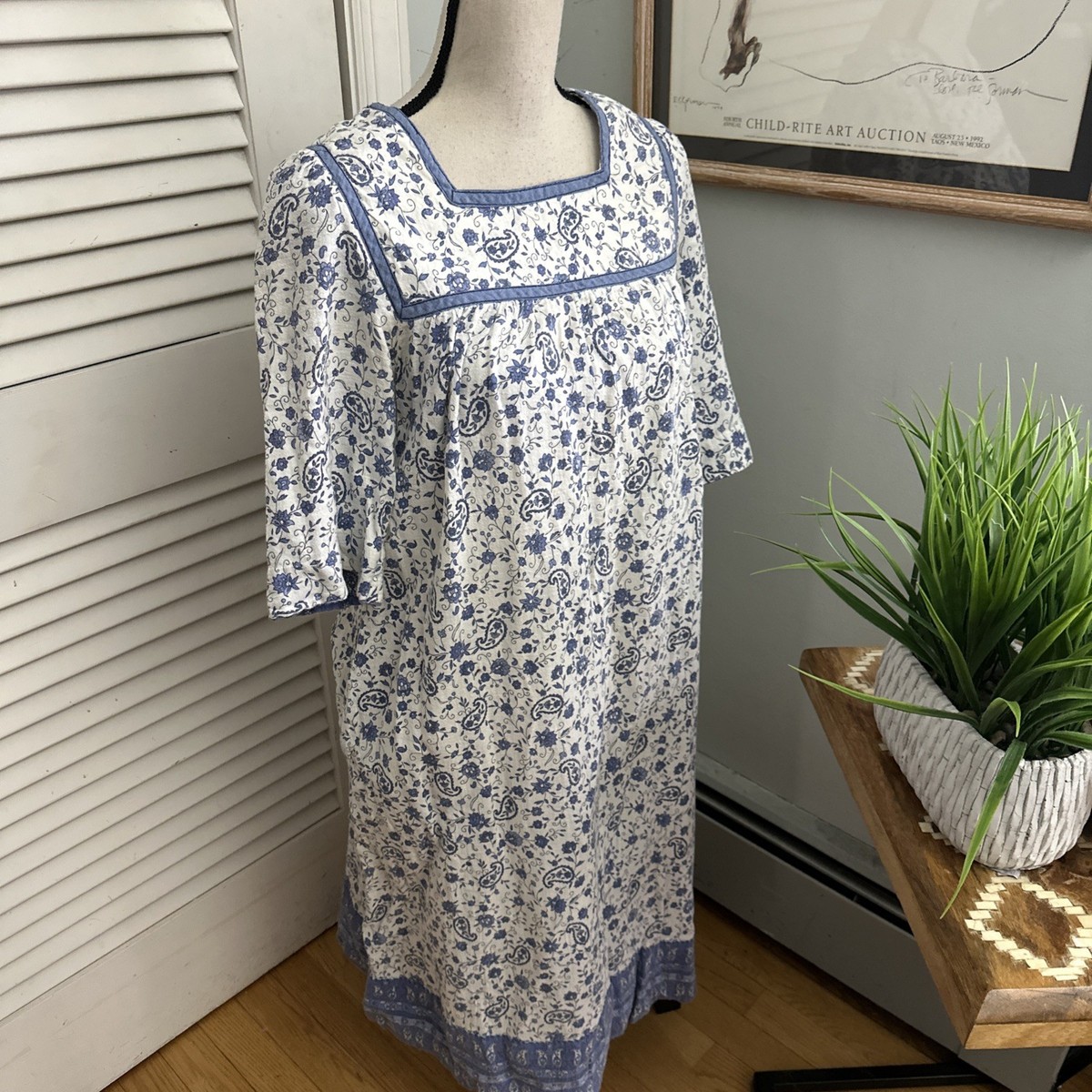 Vintage Saybury Night Dress Womens *Small Blue Ditzy Floral Midi Shift Retro 70s View 3