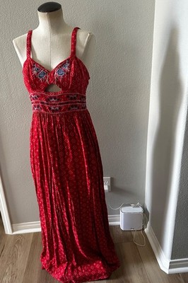 Xhilaration Women's Red Boho Embroidered Maxi Dress Cutout Size Medium