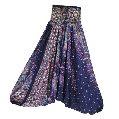 Damen Blumendruck Haremshose Boho Yogahose Lange Strandhose Blau