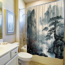 Asian Scenic Shower Curtain Misty Forest Mountain Pine Tree Art 70x70 Inch