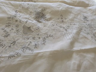 Vintage Linen Tablecloth Appliqued & Embroidered 64" By 99" Beautiful!