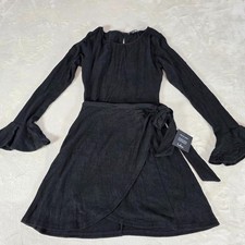 Lulus Faux Wrap Black Dress With Flutter Sleeve And Tie At Waist Zip Ruffles XS