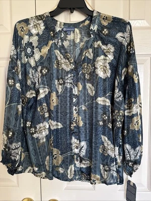 Democracy Silky Sheer Pattern Blouse Women’s PLUS SZ 1XLong Sleeve Flowy Peasant - Image 1 of 4