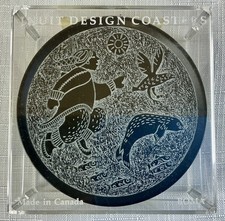 Canadian BOMA Carved Wooden Coasters x 4 - Inuit Design Feat. Bird, Seal & Fish