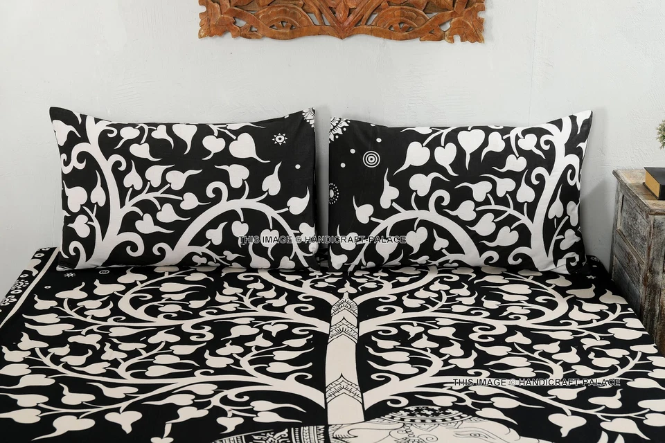 Sábana bajera doble de algodón con estampado de árbol de la vida de elefante negro con funda de almohada de 2 piezas Foto 3 de 4