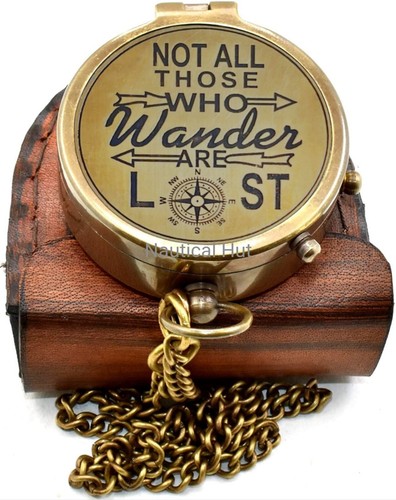 Nautical brass sundial pocket compass with leather case vintage gift - 第 2/6 張圖片