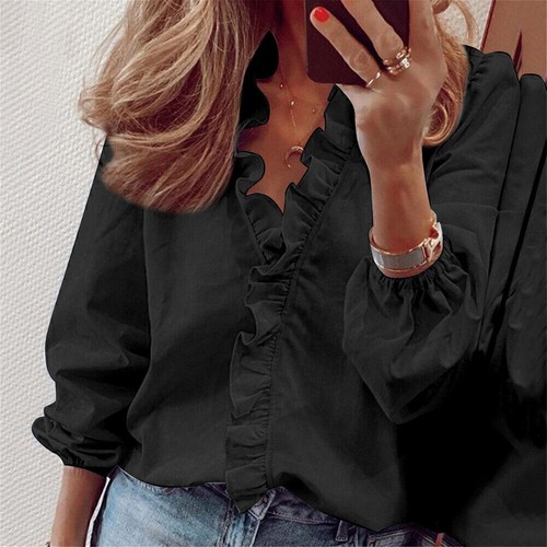 Womens Ruffle V-Neck T-Shirt Ladies Long Sleeve Blouse Casual Loose Shirts Tops - Picture 18 of 18