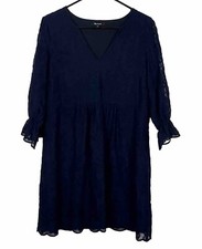 Madewell Floral Embroidered V Neck Dress Size 2 Navy Blue 3/4 Sleeve