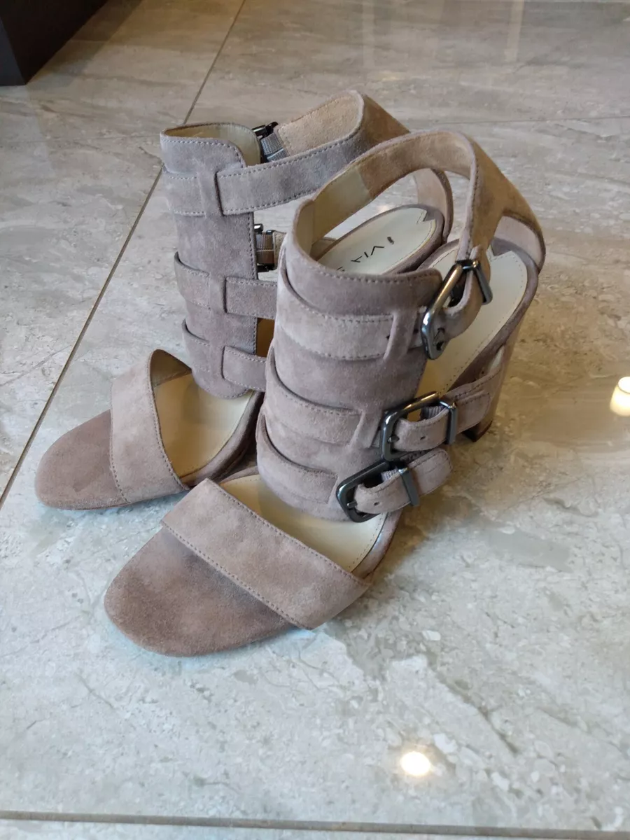 Via Spiga Block Heel Brown Suede Sandals 3 Buckle Womans Size 8US
