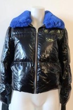 Womens Central Park West Black Blue Faux Fur Collar Puffer Bomber Jacket S *