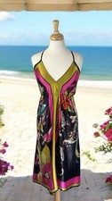 Colorful Flower Satin Cross Back Sun Dress Boho Hippie Fairy Artsy Beach Airy M