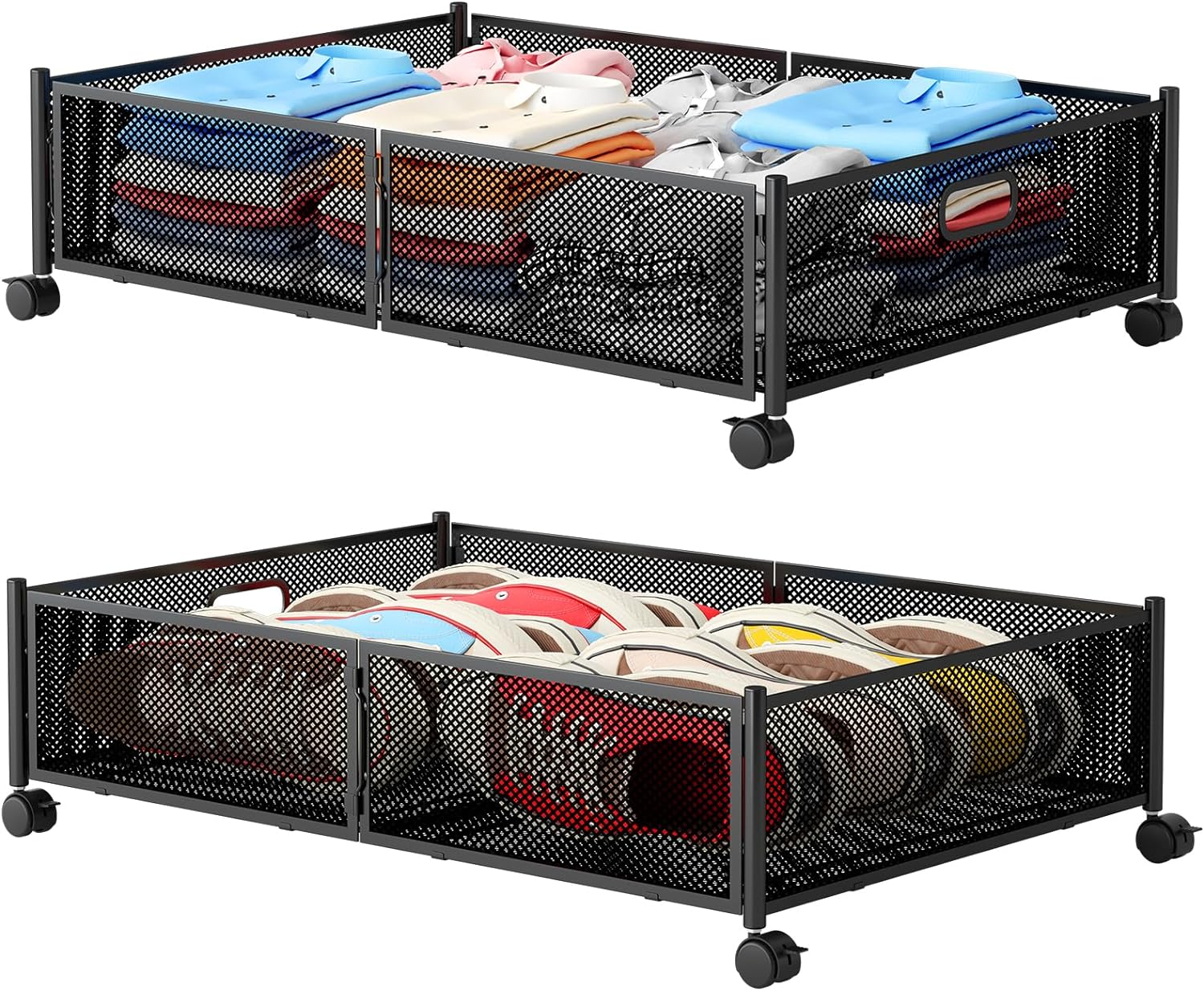 Foldable Metal Mesh Under-Bed Storage Container with Wheels - Space-Saving Organizer for Clothes, Shoes, and More-image