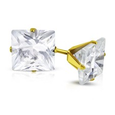 BOUCLES D'OREILLES HOMME FEMME ADO PLAQUE OR CARRÉ DIAMS BLANC BLING 5mm XRY736