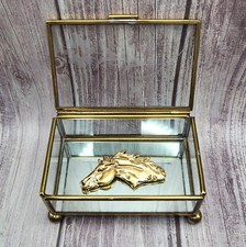 Vintage Mirrored Trinket Jewelry Gift Box Brass Glass Etched Flower