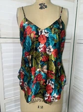 Kathryn Floral Shiny Satin Pajamas Spaghetti Tank Top Camisole Y2K 90s Sz Large