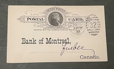 1887 UX9 POSTAL CARD NY DUPLEX TO QUEBEC CANADA ! BANK POSTCARD L@@K !!