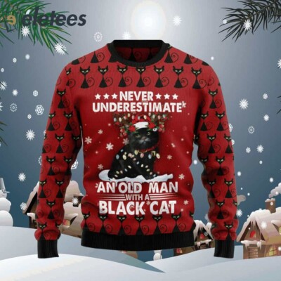Black Cat Old Man Ugly Christmas Sweater Cute Holiday Cat Gift