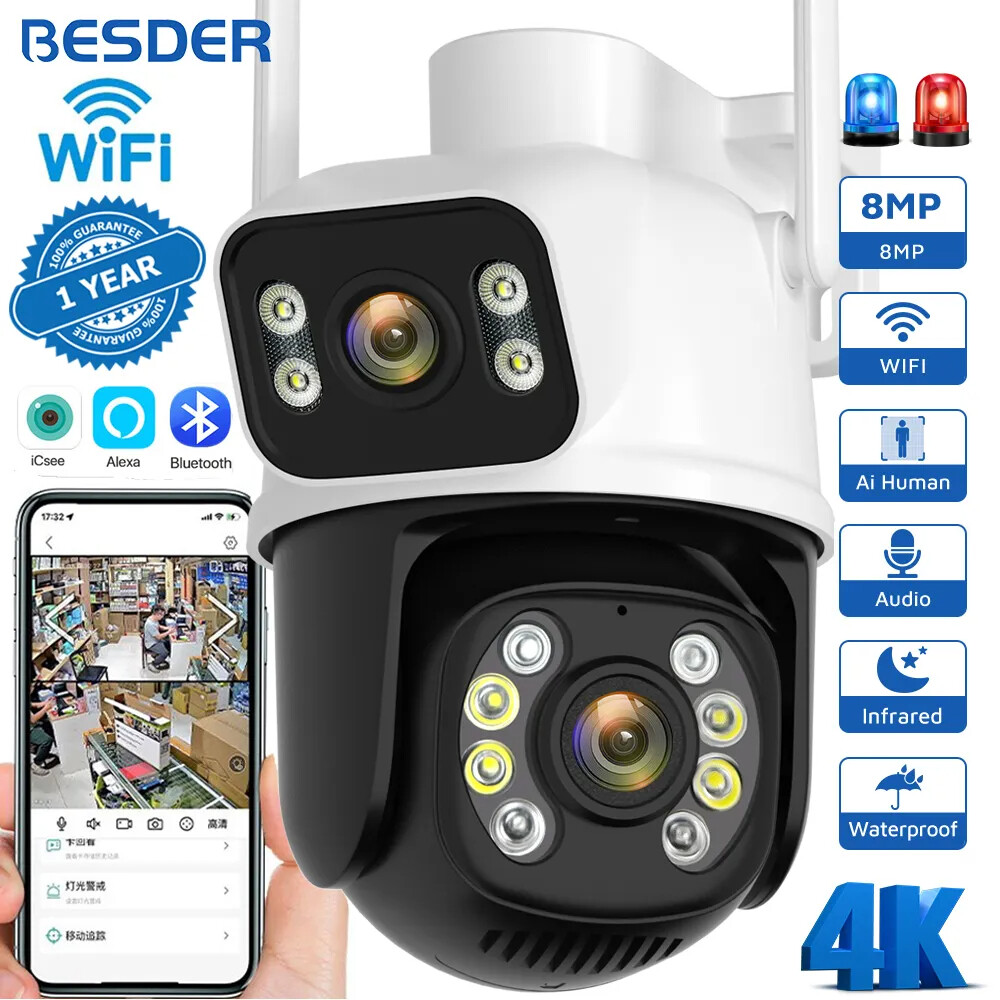 BESDER 8MP PTZ Wifi Outdoor Camera Night Vision Dual Screen 4MP Human  Detection