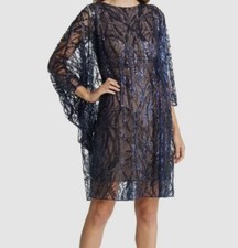  571 Tadashi Shoji Women's Blue Bead Sequined Jewel Neck Sheath Dress Size M